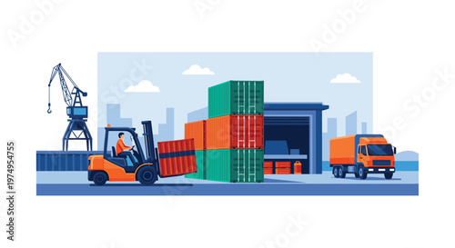 A vibrant pixel art scene of bustling shipping port featuring an orange forklift moving cargo barrels near colorful shipping containers and transport trucks.