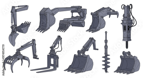 A comprehensive set of grey pixel art excavator attachments featuring specialized buckets hydraulic claws lifting forks and heavy duty drilling components.