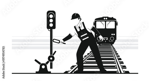 A striking black and white illustration of dedicated railway worker pulling a heavy manual signal lever while a passenger train approaches on tracks.