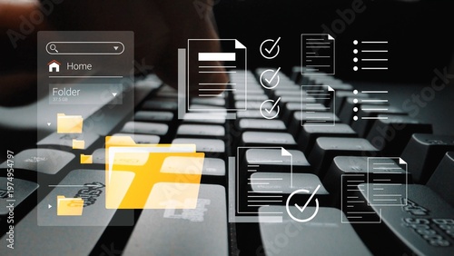 Quadro su tela Digital Organization Concept with Keyboard and Virtual Files Illustrating Productivity and Task Management in a Modern Workspace Environment Gluon