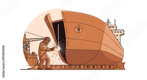 A skilled maritime welder wearing a protective mask performs precise metal fabrication on a massive brown ship hull within a busy industrial shipyard environment.