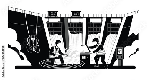 Professional technicians wearing high-visibility safety vests conduct a thorough inspection of a massive hydroelectric dam featuring powerful rushing water.