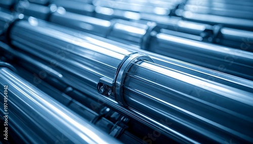 Rows of metallic pipes secured with clamps, creating an industrial, abstract, and technical composition