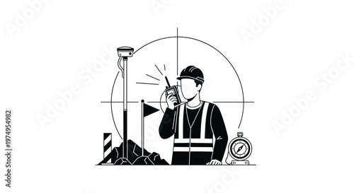 A professional land surveyor wearing a safety helmet and vest communicates via radio while standing amidst specialized GPS measuring equipment and a large target.