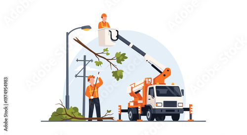 Dedicated utility maintenance workers utilize a specialized hydraulic bucket truck to carefully prune overgrown tree branches near urban street lights and wires.