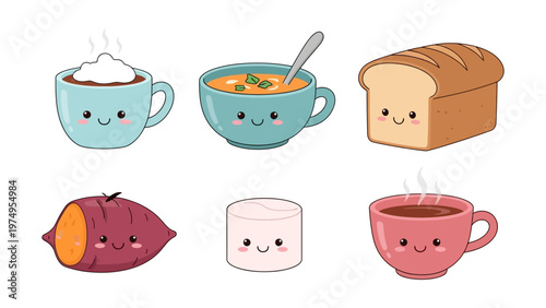 Kawaii Food and Drink Vector Illustration Set with Cute Characters Including Hot Chocolate Soup Bread and Sweet Potato