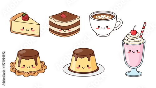 Kawaii Dessert and Coffee Character Set Vector Illustration with Cute Smiling Faces for Cafe Menu and Stickers