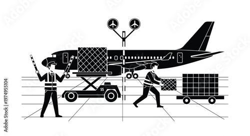 Meticulous airport ground crew members efficiently load heavy cargo containers into a large commercial airplane silhouette on a pristine gray runway tarmac setting.