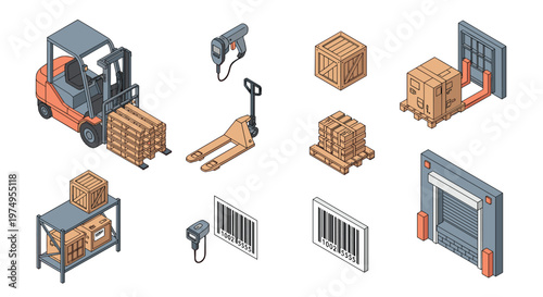 Detailed isometric warehouse equipment set features an orange forklift and pallet jack alongside wooden crates and barcode scanners in a clean white space.