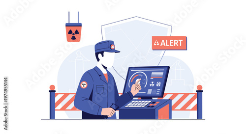 Professional security personnel in blue uniforms carefully monitor complex digital surveillance systems displaying critical alert notifications in a dark room.