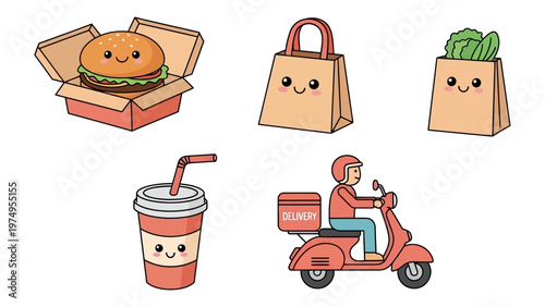 Kawaii food delivery vector illustration set featuring burger, scooter courier, and grocery bags