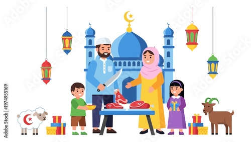 Muslim family celebrating Eid al-Adha with qurbani meat sacrifice in front of a mosque flat design vector illustration