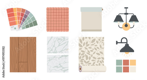 Comprehensive interior design material collection showcases vibrant color palettes and elegant fabric swatches alongside sophisticated wood floor samples.