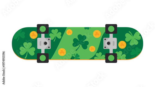 St. Patrick's Day themed skateboard vector illustration with shamrocks and gold coins on green deck