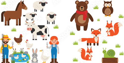 Farm and Forest Animal Vector Set with Sheep, Cow, Horse, Bear, Fox, and Farmer for Children's Educational and Nature-Themed Designs