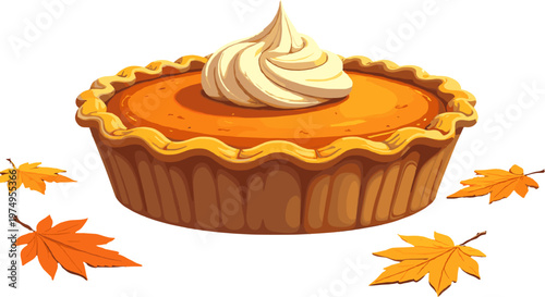 Pumpkin pie with whipped cream, autumn dessert illustration, traditional fall sweet pastry