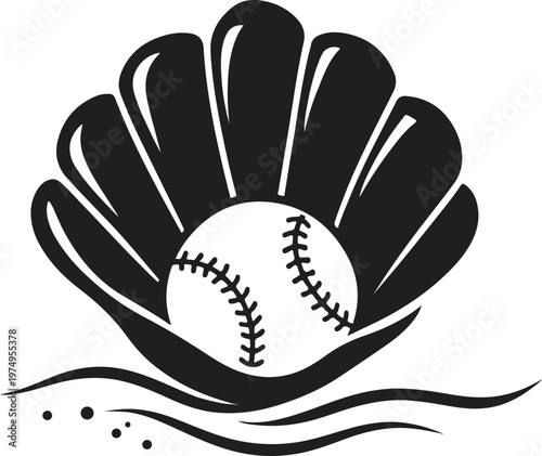 Baseball in Seashell with Ocean Wave Minimal Silhouette Summer Sports Vector