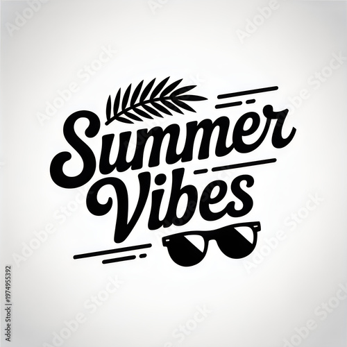 Summer vibes typography design with palm leaf and sunglasses for beach seasonal vacation.