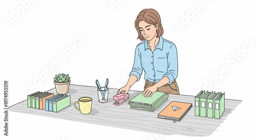 Woman working on a green notebook.