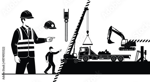 Commanding silhouette of a construction supervisor directs heavy machinery operations including a tall crane and powerful excavator at a busy industrial development site.