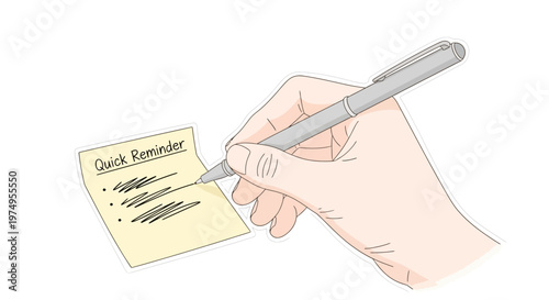 Hand holding pen writing on sticky note.