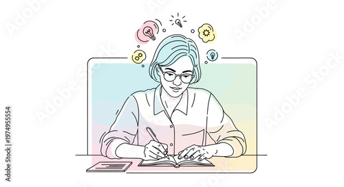 Woman wearing glasses writing notes.