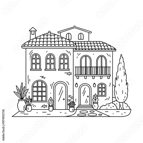 Title detailed sketch of a two story mediterranean style house with garden elements description a black and white line drawing depicts a charming