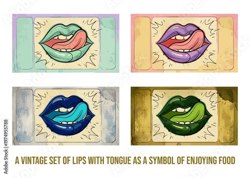A set of four vintage pop art style mouth licking lips vector illustration