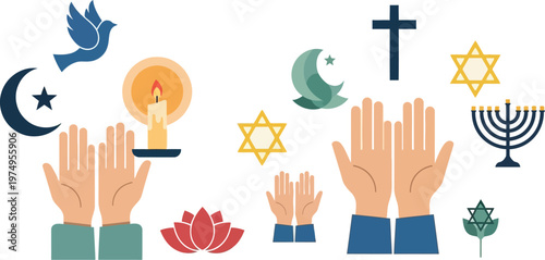 Hands held in prayer represent diverse religious symbols including a crescent, a cross, a menorah, and a star of David.