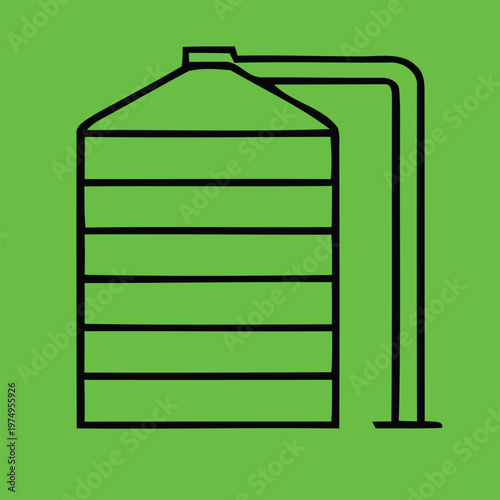 Title simple green line drawing of a storage tank with piping system description a minimalist bright green illustration depicts a rectangular storage