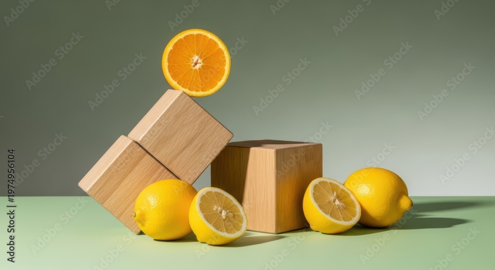 Naklejka premium Creative composition of fresh lemons and an orange slice with wooden blocks on a green background