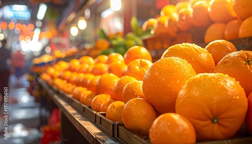 Rows of oranges with water droplets, sit atop a market stall under bright lights with other produce blurring behind