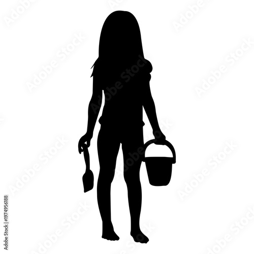 Girl playing bucket shovel silhouette