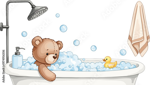 Cute Bear Taking a Bath with Soap Bubbles and Rubber Duck, Hand-drawn Illustration for Kids"