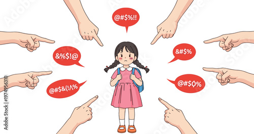 Cartoon Illustration of a Girl Surrounded by Pointing Fingers and Angry Speech Bubbles, Social Stress and Bullying Concept
