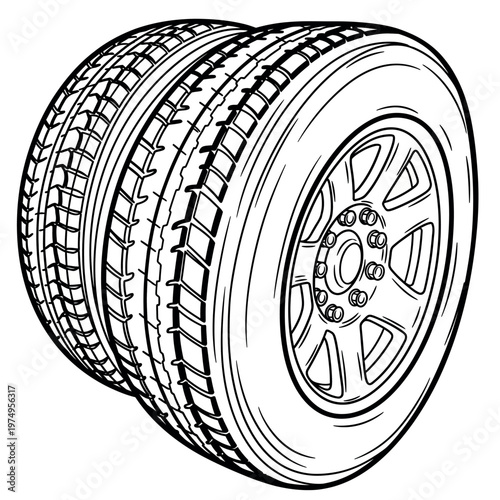 Sketch of a car tire with detailed tread and alloy wheel