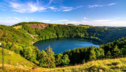 Scenic crater lake surrounded by lush green trees under a bright blue sky with wispy clouds