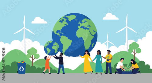 Global sustainability concept illustration with diverse people protecting earth wind turbines recycling and eco friendly environmental awareness scene