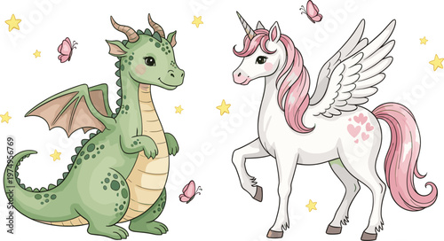 Cute Dragon and Unicorn Characters with Butterflies and Stars, Hand-drawn Illustration for Kids