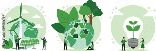 Global sustainability concept illustration with renewable energy recycling earth protection and green growth eco friendly environmental awareness design