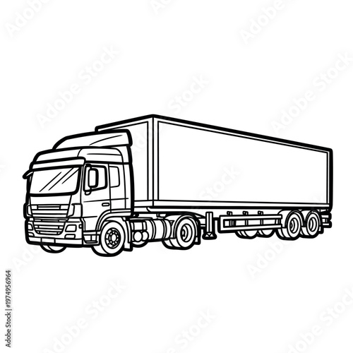 Line art illustration of a large semi truck with a trailer