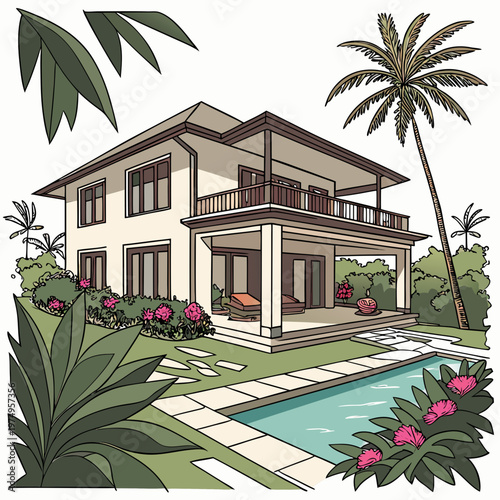 An illustrated two story house with a tiled roof and surrounding tropical vegetation features a poolside patio and vibrant landscaping