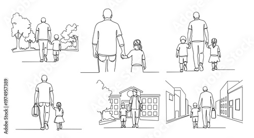 Continuous Line Art: Parent and Child Together Walking in Various Settings