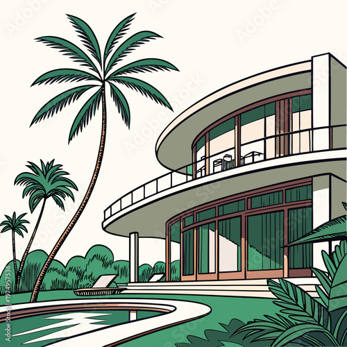 A vibrant illustration depicts a modern curved beachfront villa with palm trees and a swimming pool evoking a tropical resort atmosphere