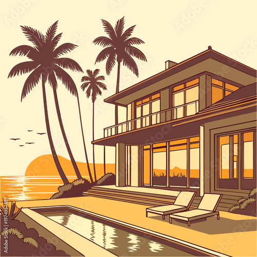A stylish modern house with a pool and palm trees overlooks a tranquil ocean sunset scene creating a relaxing vacation aesthetic