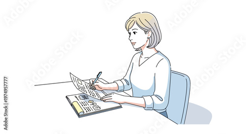 Woman sitting at desk with papers.