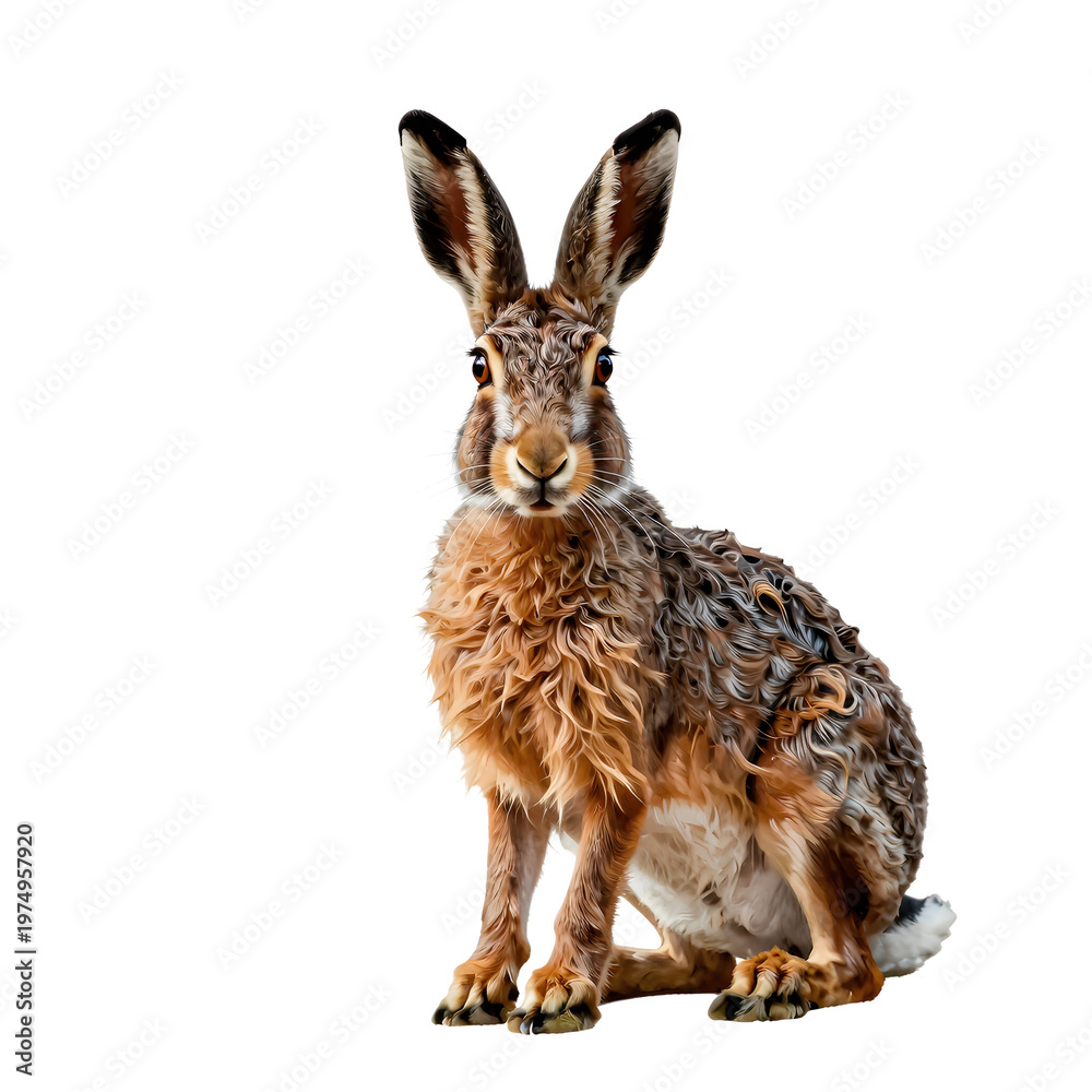 Obraz premium European hare sits upright against a plain black background with its long ears raised