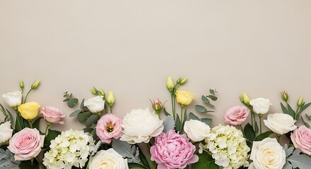 Elegant pastel floral border with roses, peonies, and hydrangeas on a light background, perfect for spring.