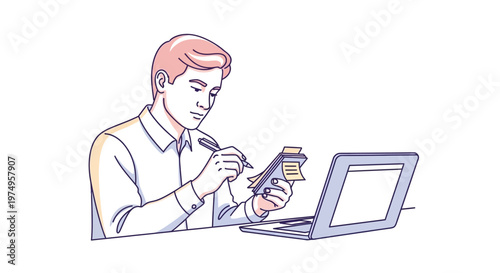 Man holding credit card and laptop.