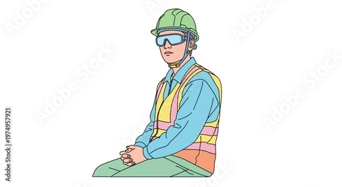 Man wearing safety gear sitting down.